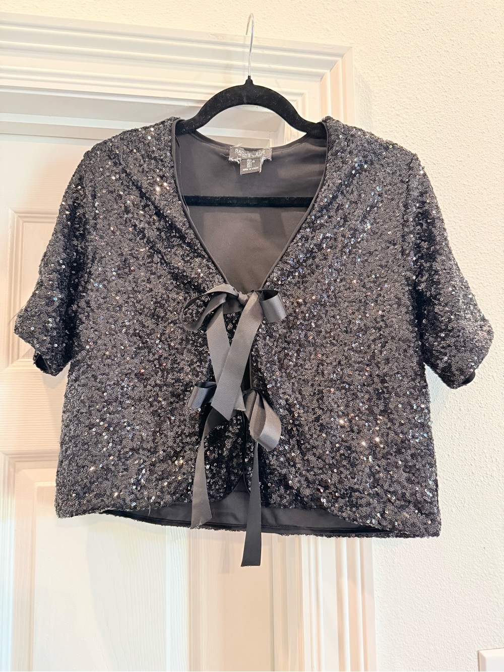 Rachel Zoe Black Sequin Tie-Front Cropped Top